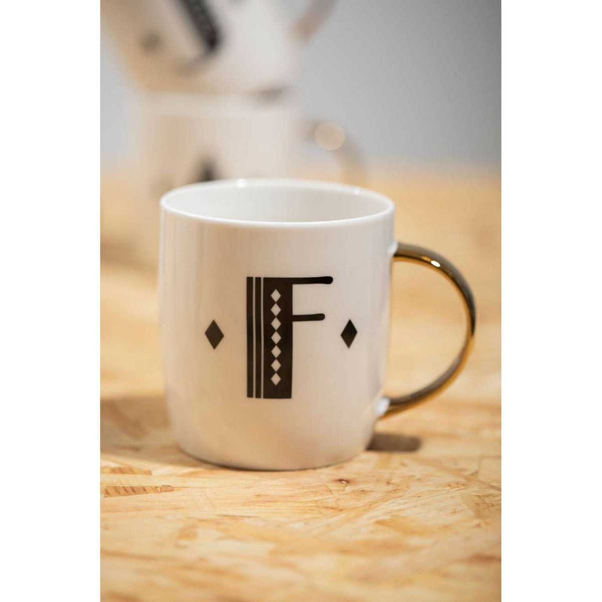 Diamond Deco White Monogram Mug, F