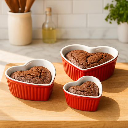 Amour Set of 3 Heart Shape Oven Dishes - Red