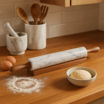 Salerno White Marble Rolling Pin with Wooden Handles