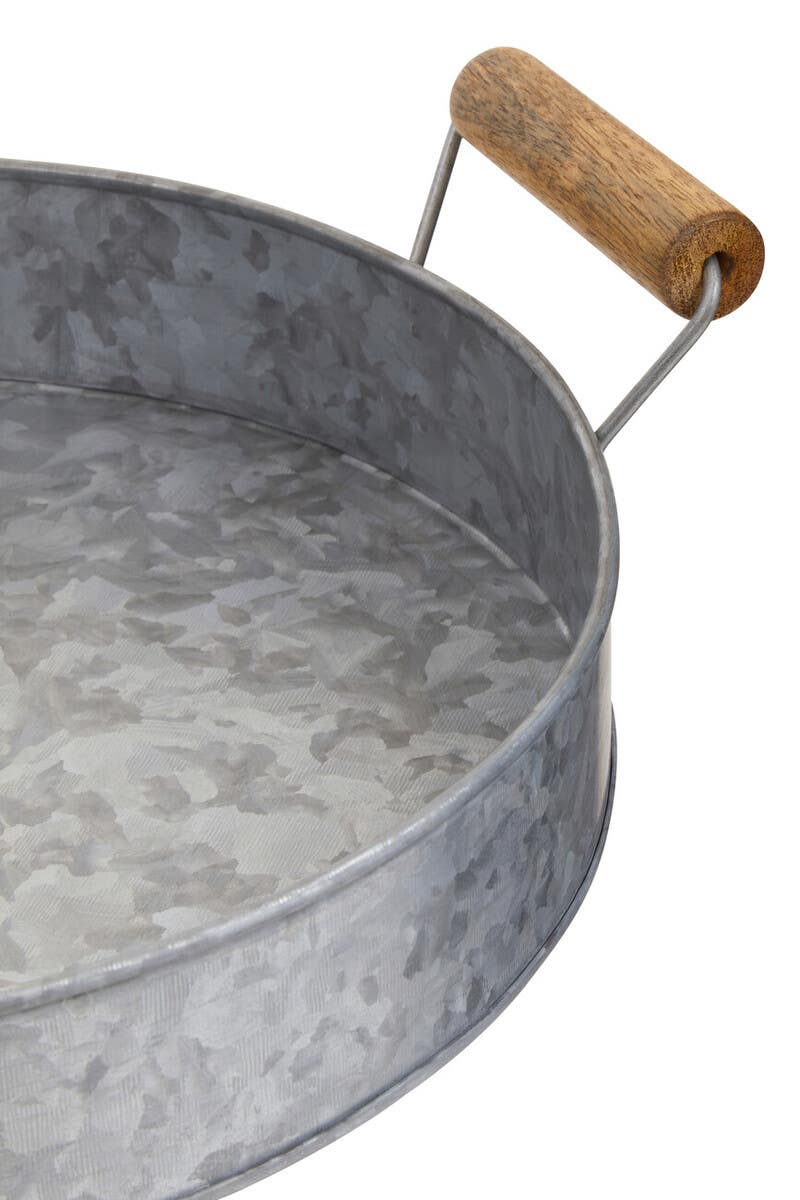 Drummond Galvanised Steel Round Tray With Wood Handles