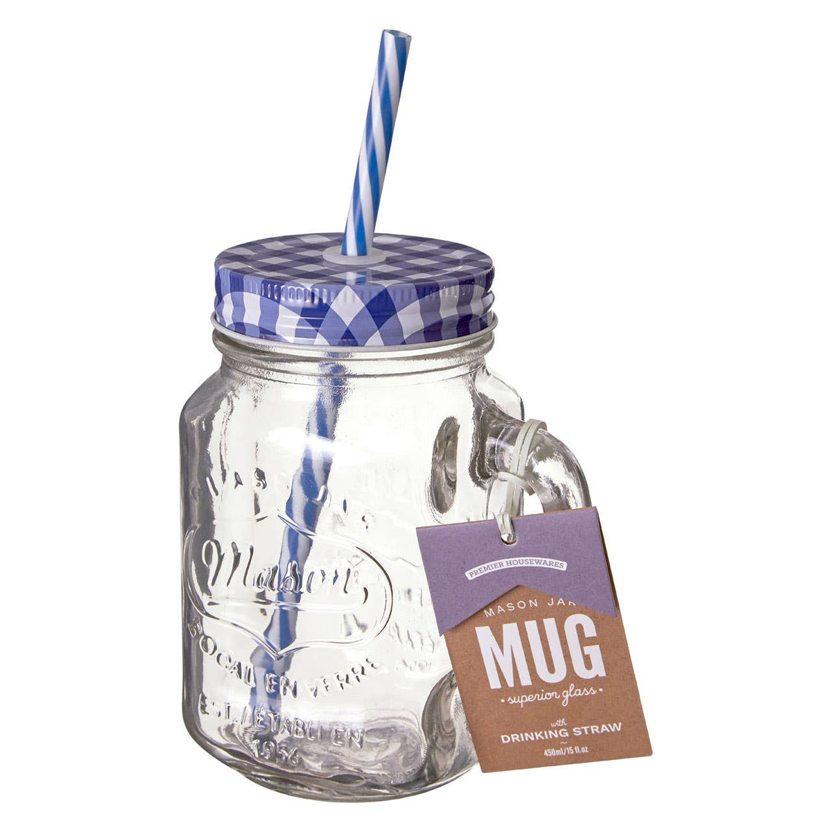 Bocal Embossed Mason Square Jar Mug With Blue Gingham Lid