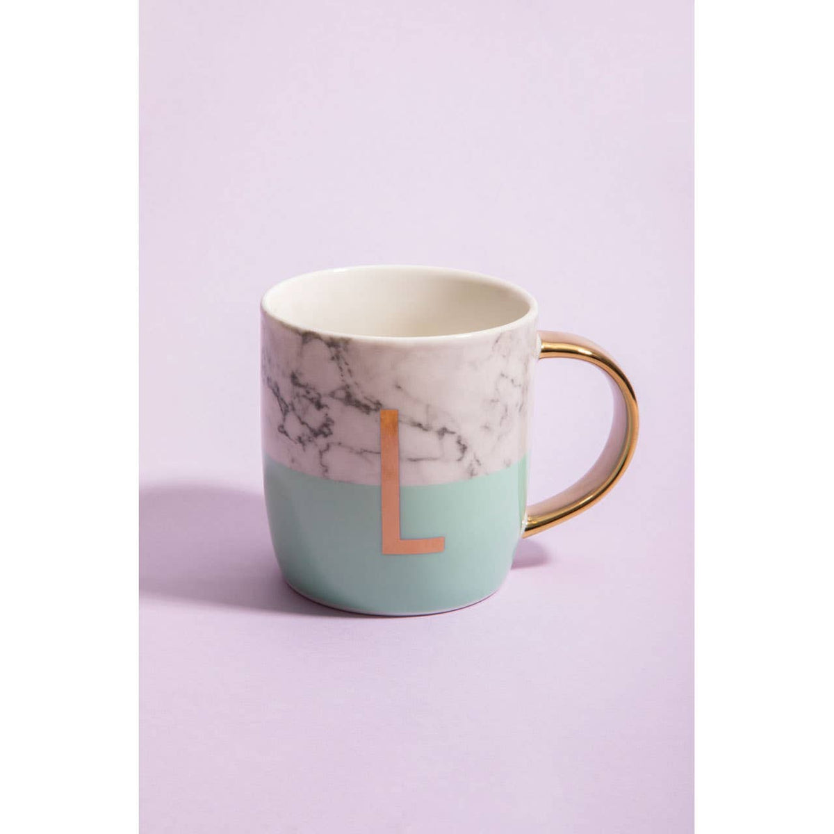 Frosted Deco Marble Effect and Pastel Green Monogram Mug, L