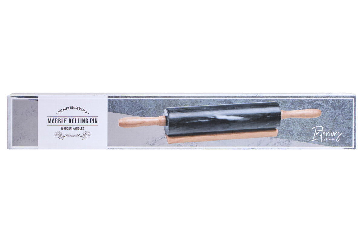Marmore Black Marble Rolling Pin With Wooden Handles