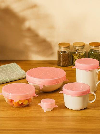 Set Of Six Zing Pink Silicone Lids