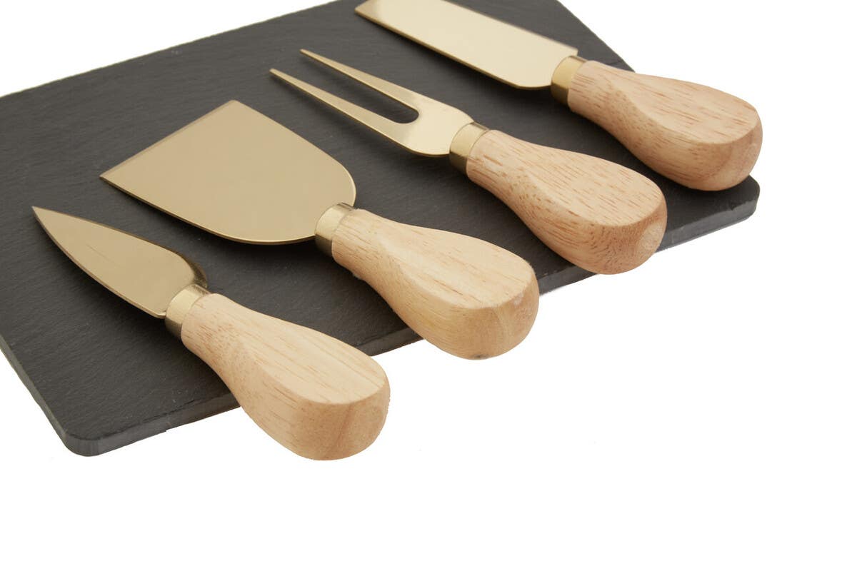 Carter Slate Board and 4 Piece Cheese Knife Set in Gold Finish