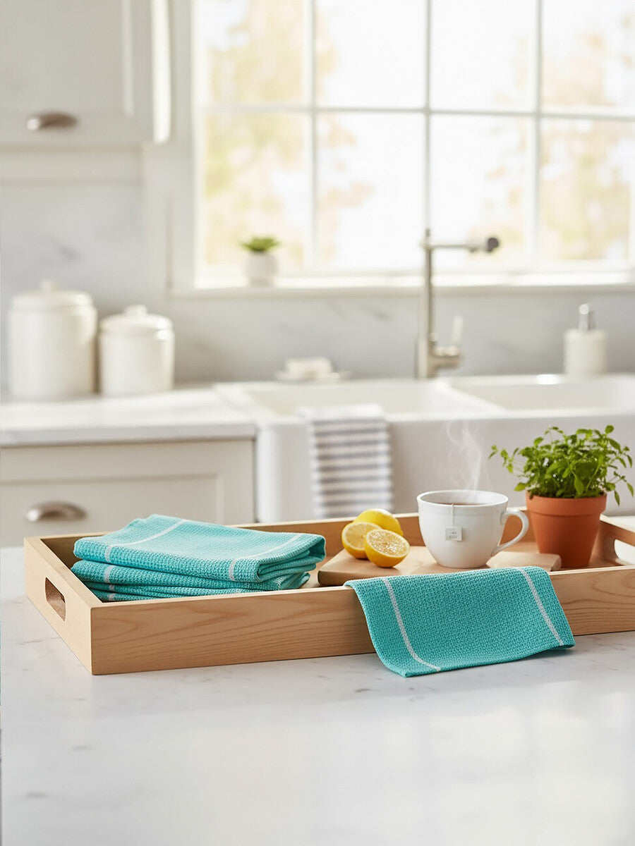 Doro Set Of 3 Green And White Waffle Tea Towels