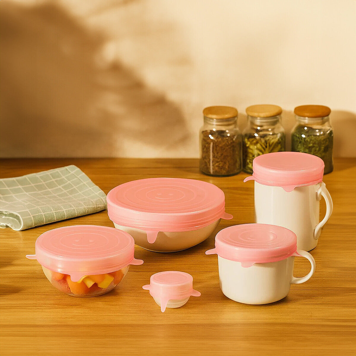 Set Of Six Zing Pink Silicone Lids