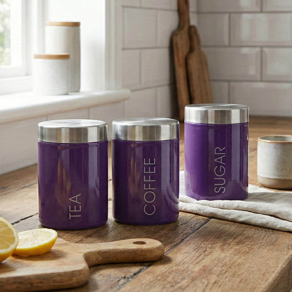 Liberty Purple Enamel Tea Coffee and Sugar Canister Set