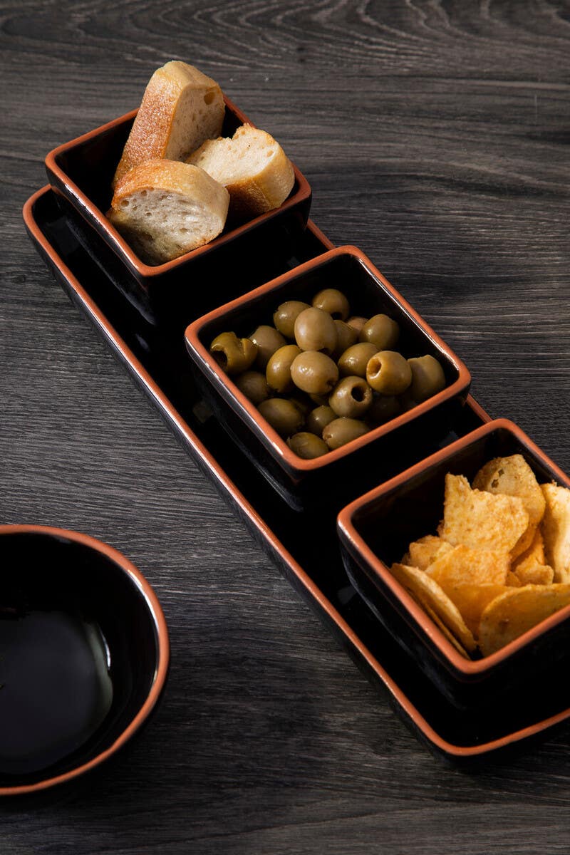 Calisto Terracotta Set of 3 Dip Bowls with Tray in Black