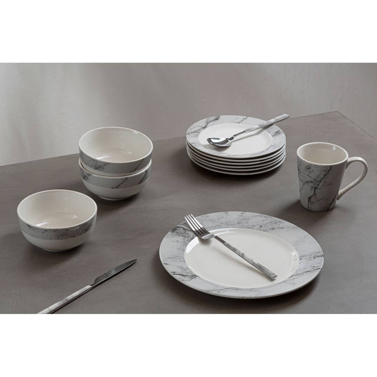 Avie 16 Piece White And Grey Marble Design Dinner Set