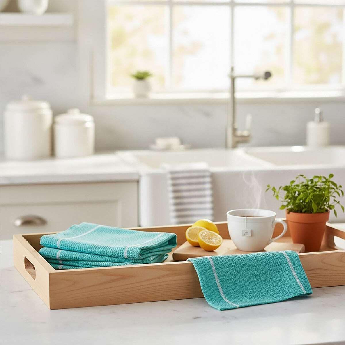 Doro Set Of 3 Green And White Waffle Tea Towels