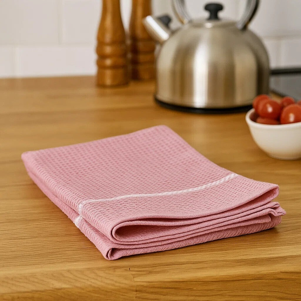 Doro Set Of 3 Pink And White Waffle Tea Towels