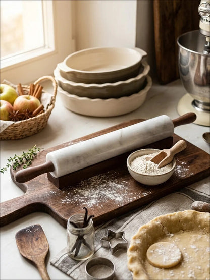 Kindia White Marble Rolling Pin with Wooden Stand