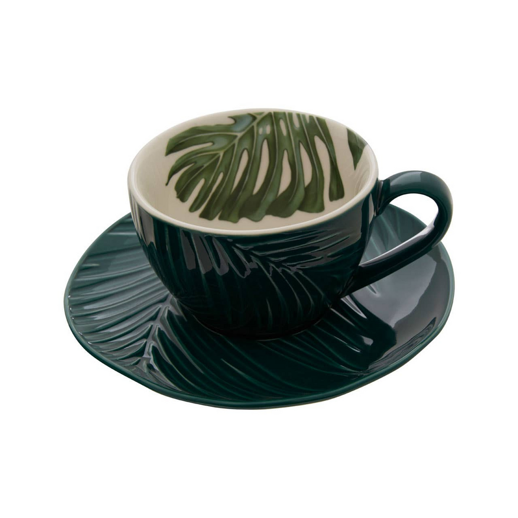 Cook Nook Bali Dark Green Cup And Saucer with Leaf Design