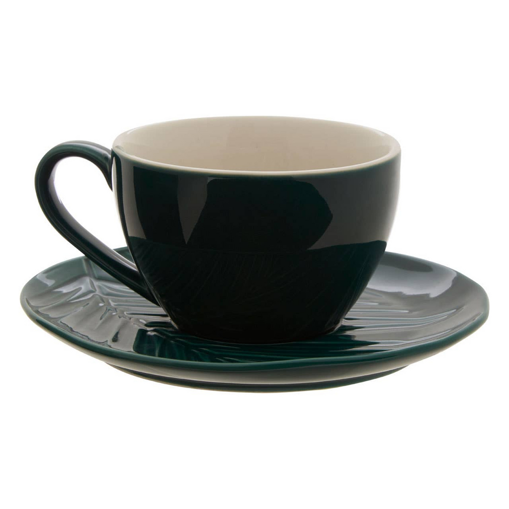 Cook Nook Bali Dark Green Cup And Saucer with Leaf Design
