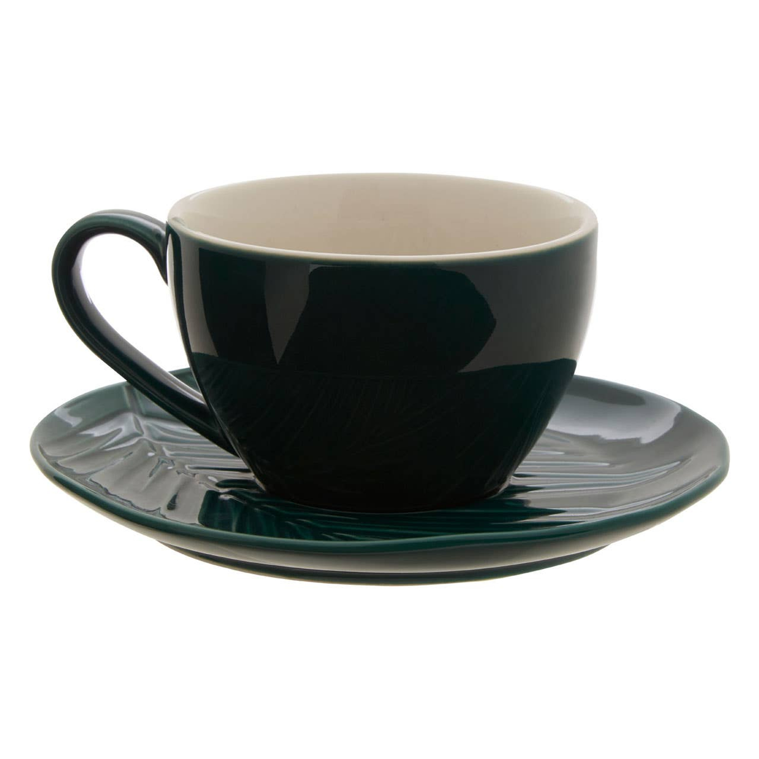 Cook Nook Bali Dark Green Cup And Saucer with Leaf Design