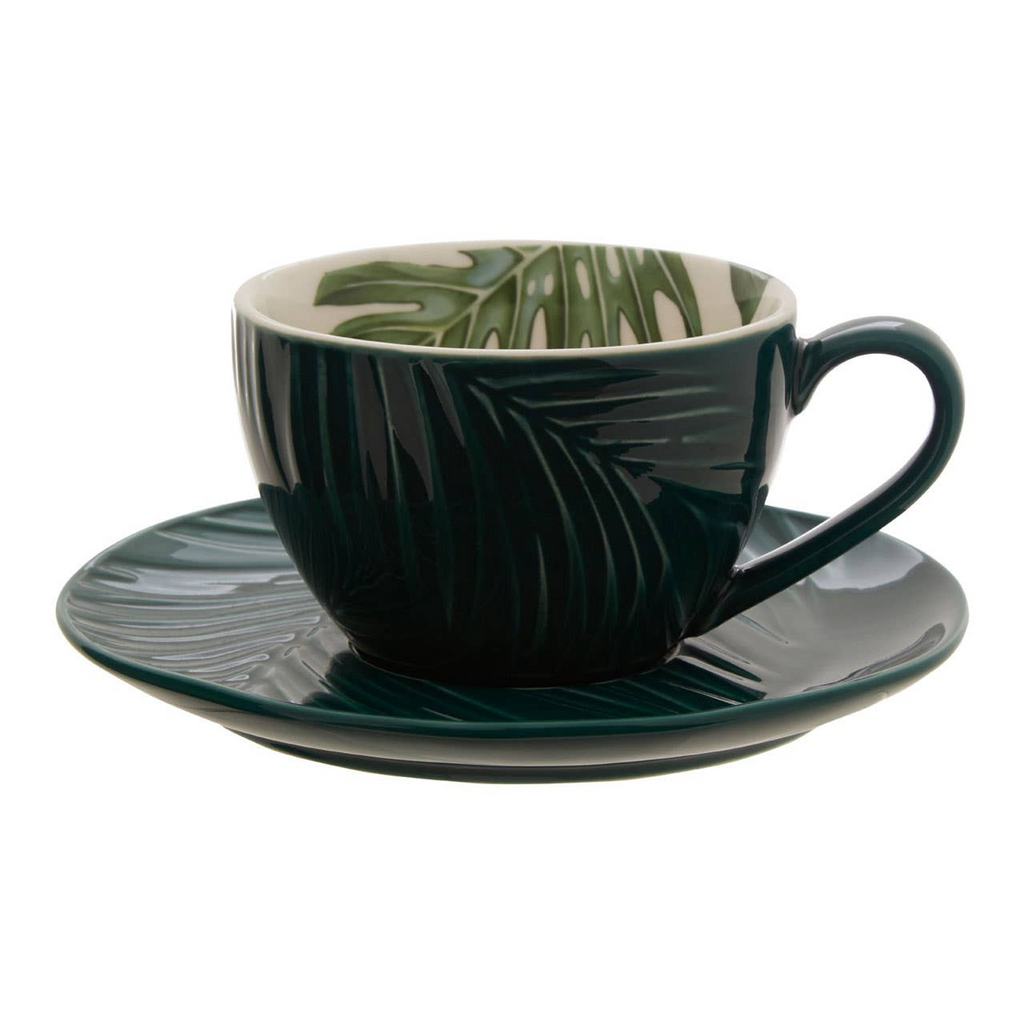 Cook Nook Bali Dark Green Cup And Saucer with Leaf Design