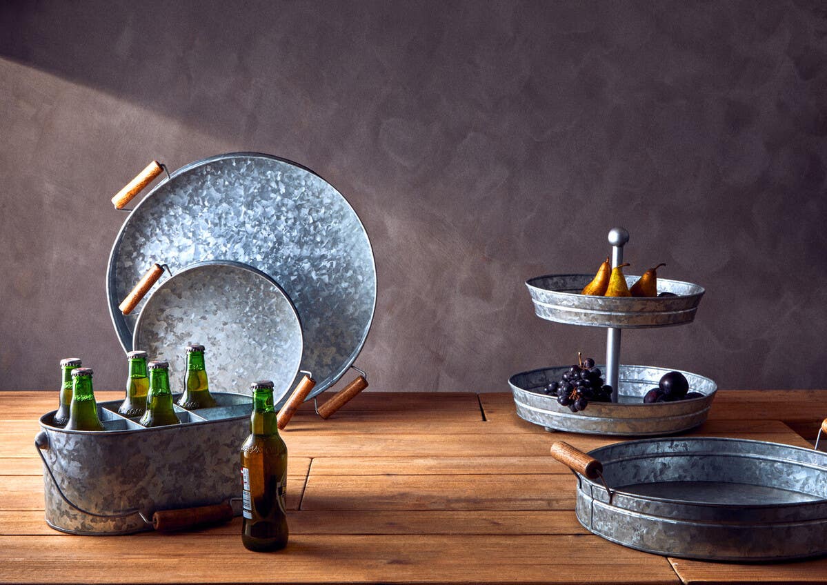 Drummond Galvanised Steel Round Tray With Wood Handles