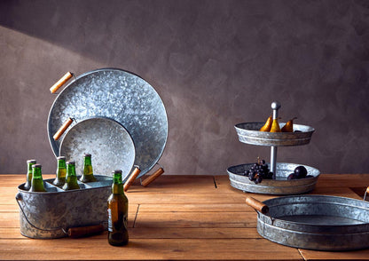 Drummond Galvanised Steel Round Tray With Wood Handles