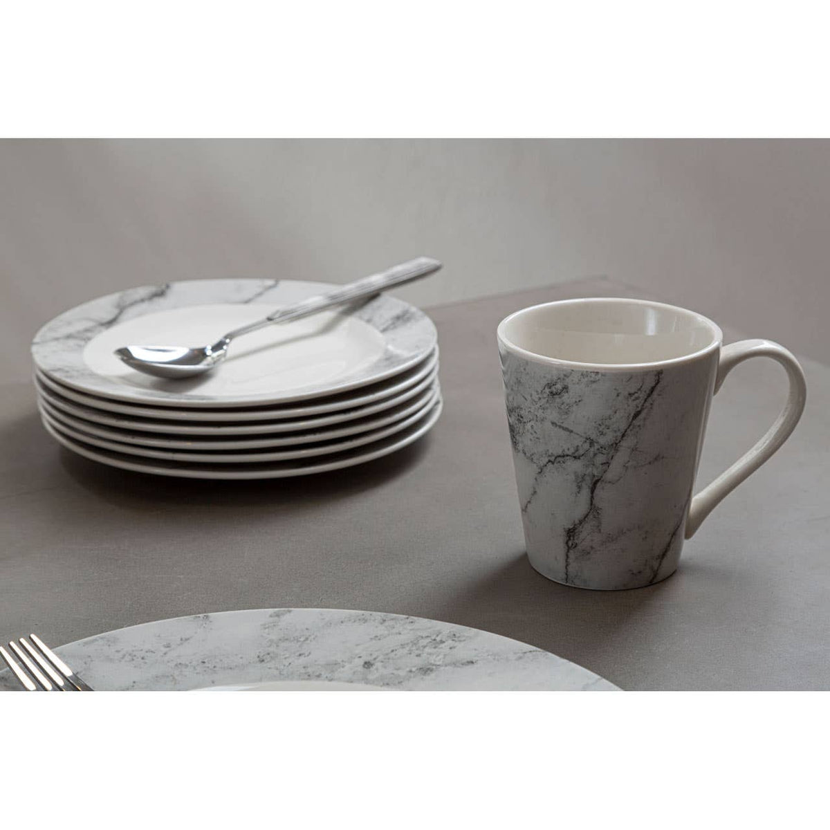 Avie 16 Piece White And Grey Marble Effect Dinner Set