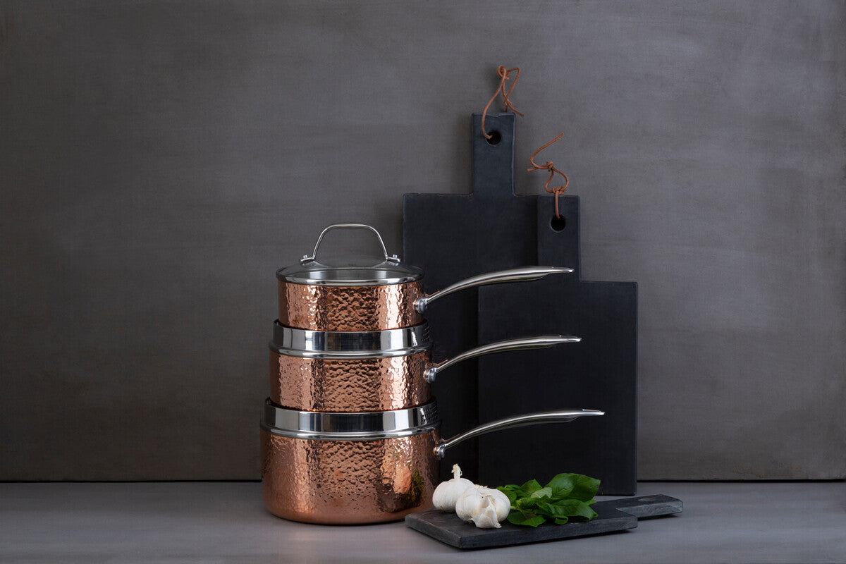 Minerva Medium 18 cm Hammered Copper Finish Saucepan with Lid