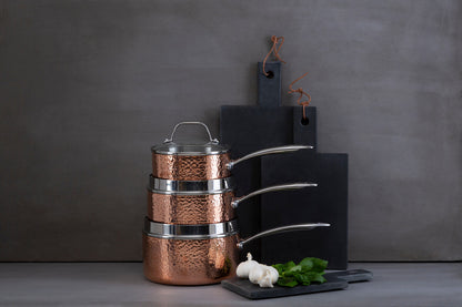 Minerva Medium 18 cm Hammered Copper Finish Saucepan with Lid