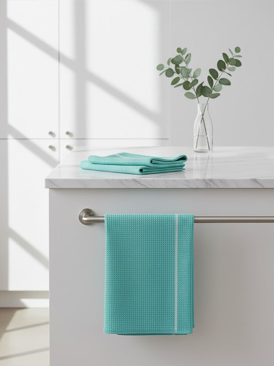 Doro Set Of 3 Green And White Waffle Tea Towels