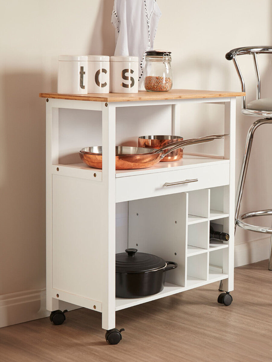 Harlow White and Bamboo Top 1 Drawer Kitchen Trolley