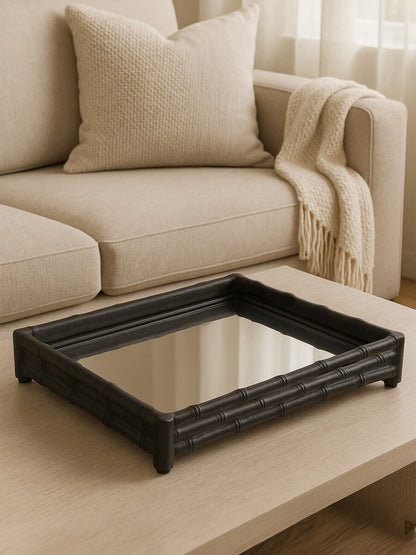 Hiba Black Finish Bamboo Effect Mirrored Tray