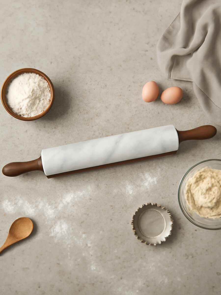 Kindia White Marble Rolling Pin with Wooden Stand