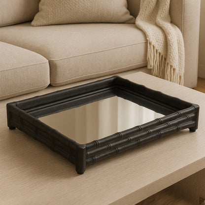 Hiba Black Finish Bamboo Effect Mirrored Tray