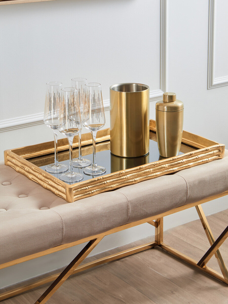 Hiba Gold Finish Bamboo Effect Mirrored Tray