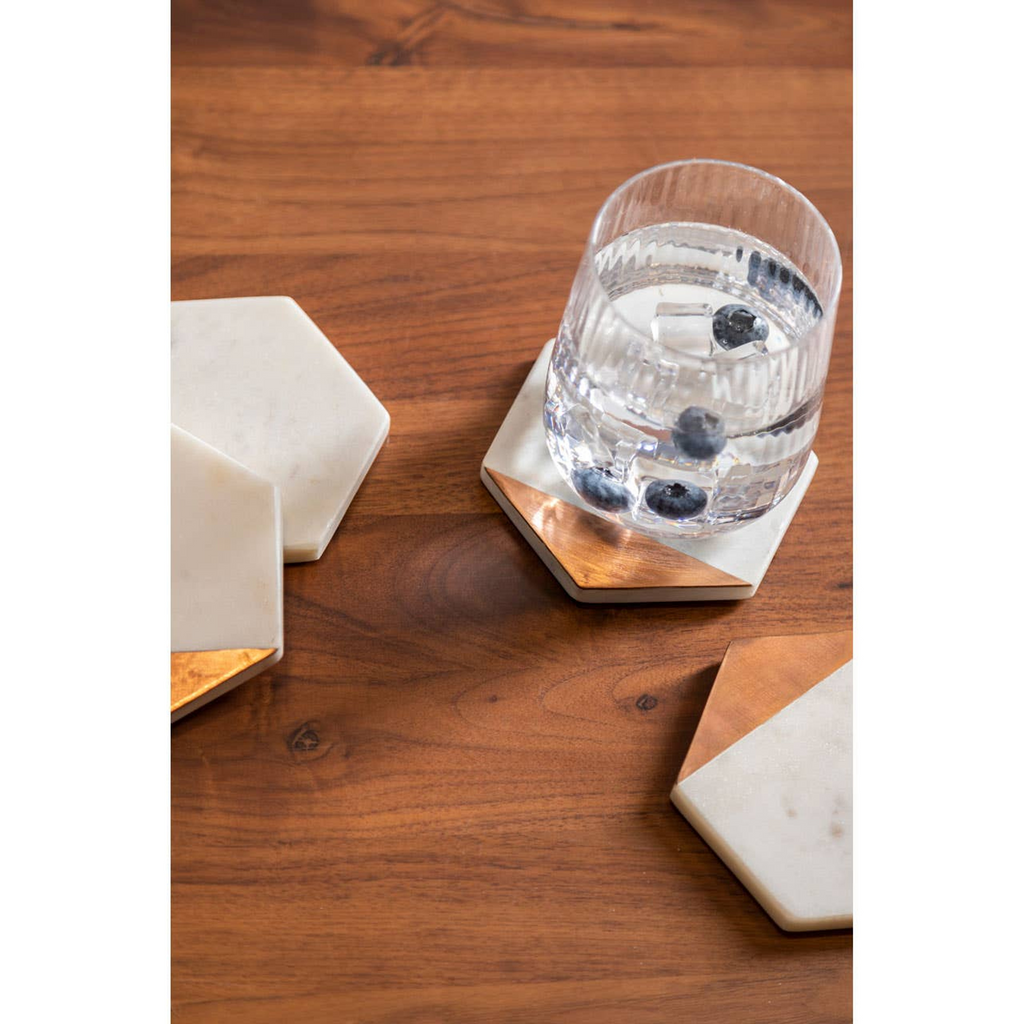 Cook Nook Monzaro Set Of 4 White Marble And Copper Inlay Coasters