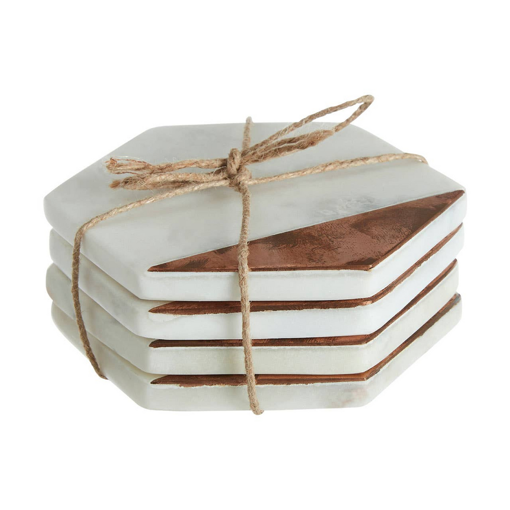 Cook Nook Monzaro Set Of 4 White Marble And Copper Inlay Coasters