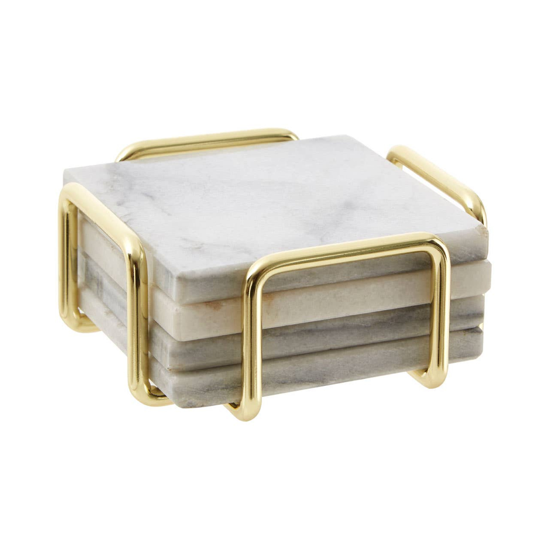 Cook Nook Delphine Set Of 4 White Marble Coasters with Brass Finish Holder