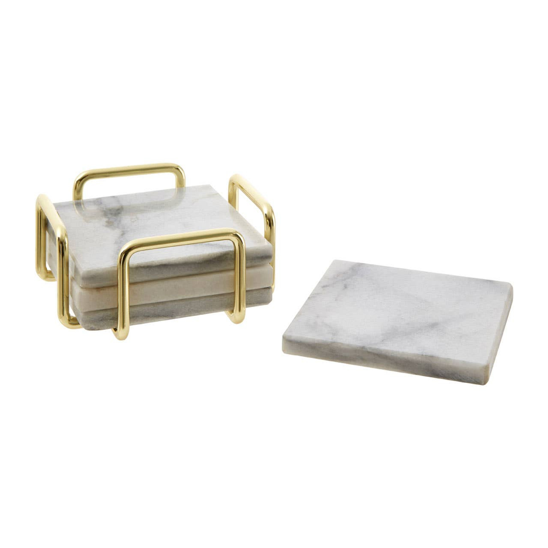 Cook Nook Delphine Set Of 4 White Marble Coasters with Brass Finish Holder