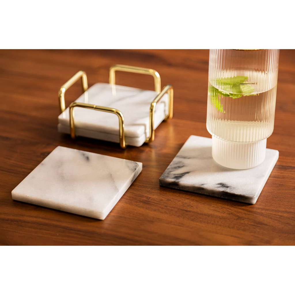 Cook Nook Delphine Set Of 4 White Marble Coasters with Brass Finish Holder