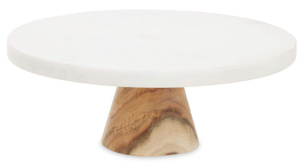 Cook Nook Monzaro Round White Marble And Acacia Wood Cake Stand