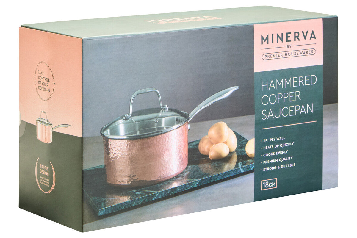 Minerva Medium 18 cm Hammered Copper Finish Saucepan with Lid