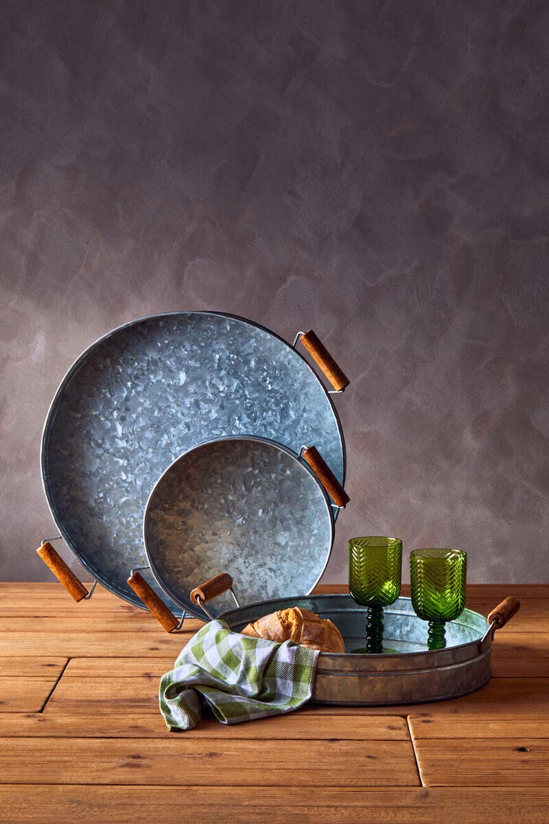 Drummond Galvanised Steel Round Tray With Wood Handles