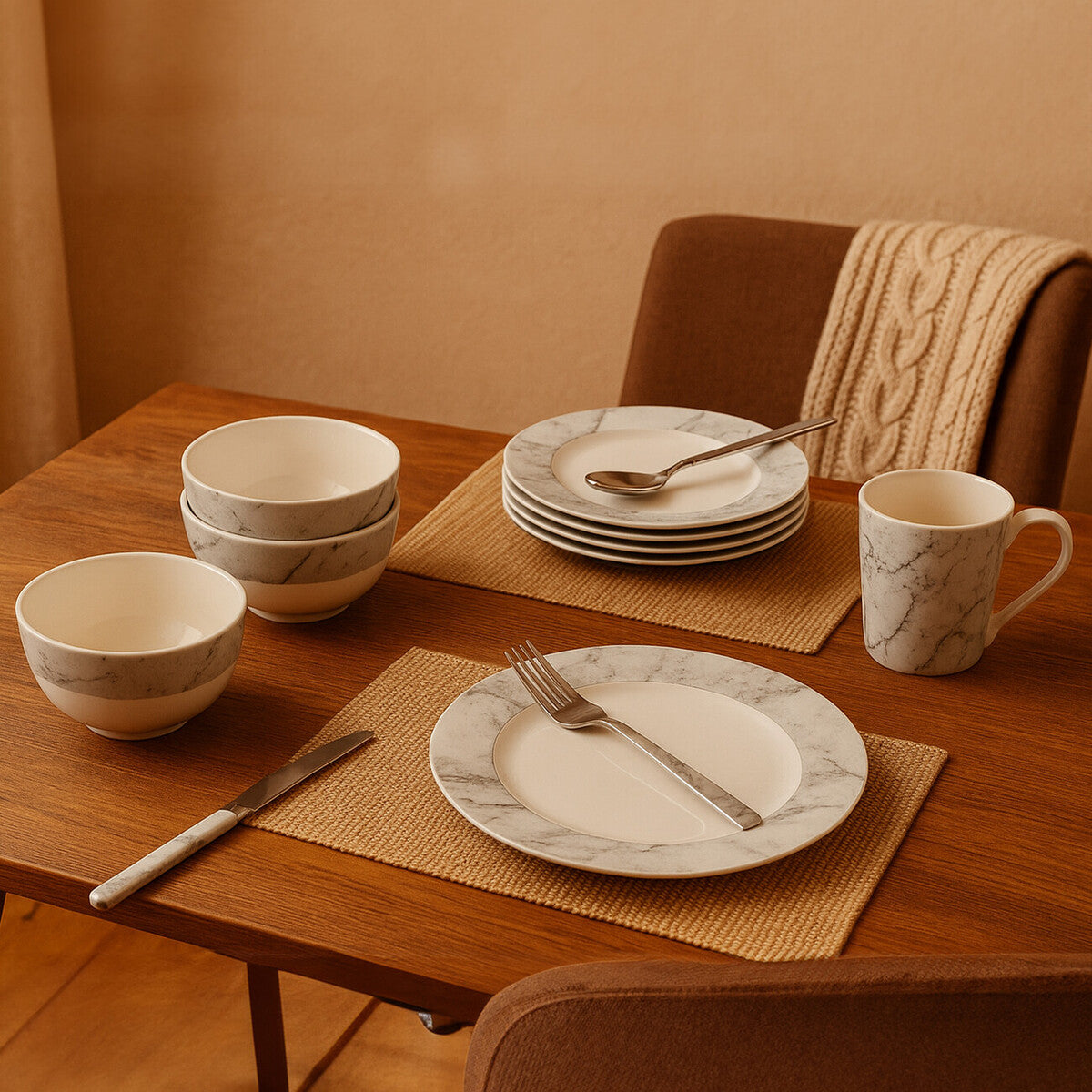 Avie 16 Piece White And Grey Marble Design Dinner Set