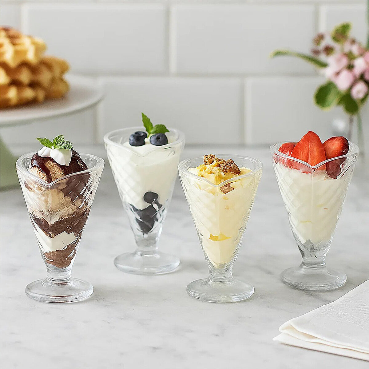Torta Set of Four Waffle Cone Design Glass Sundae Dishes