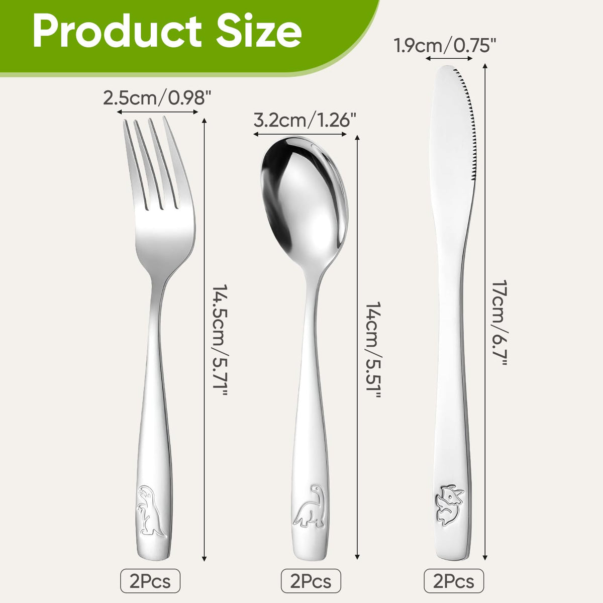 Set of 6 Children's Stainless Steel Cutlery, Silver