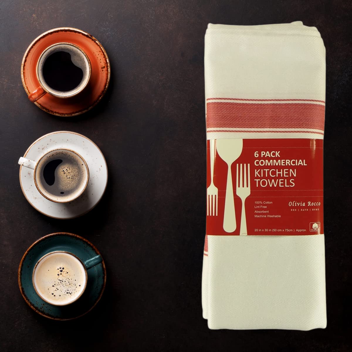 Pack of 6 Cotton Herringbone Kitchen Tea Towels, 70 x 50cm