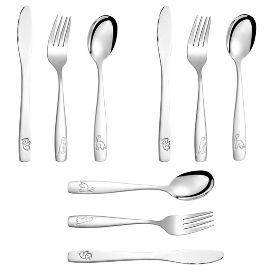 Set of 9 Children's Dinosaur Cutlery, Silver