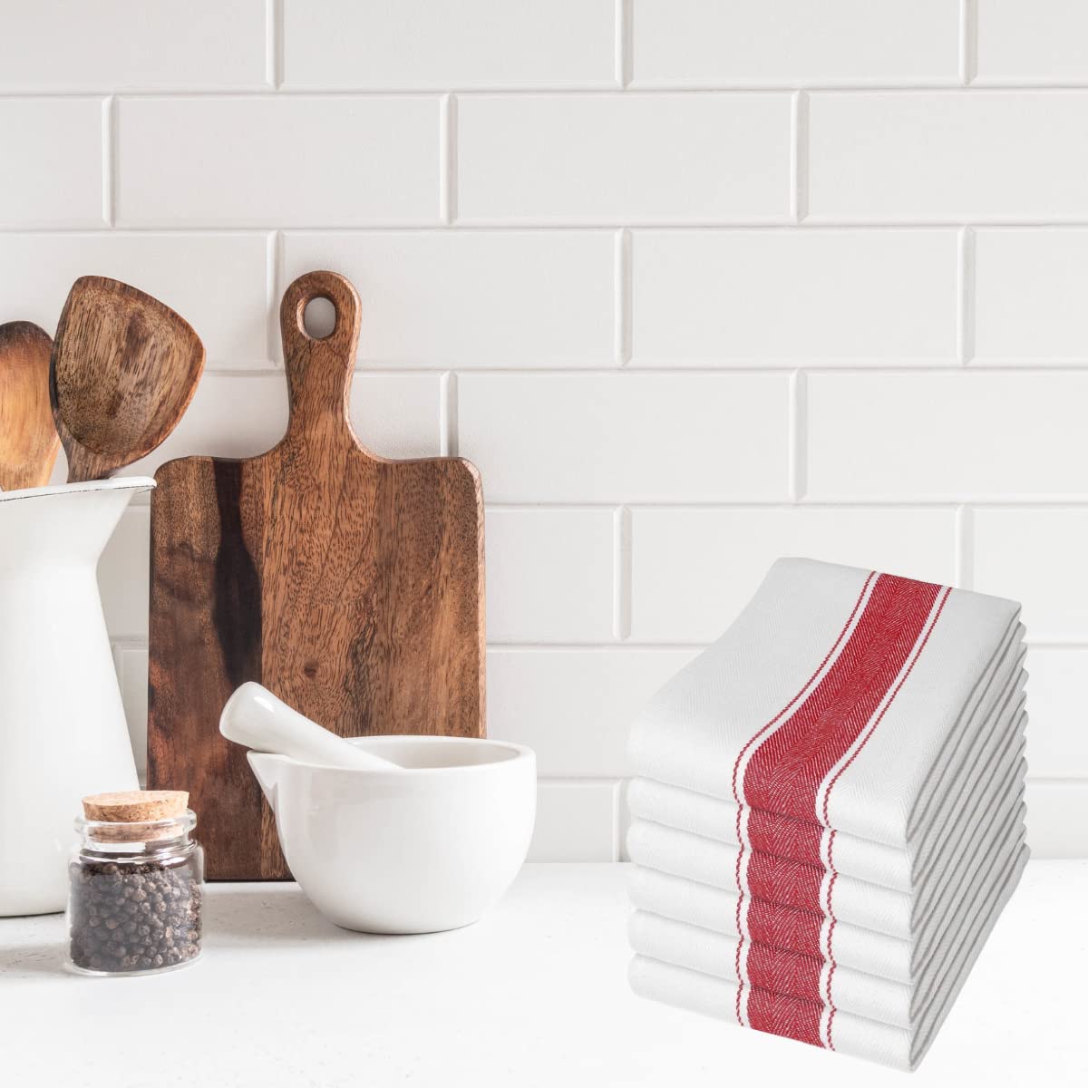 Pack of 6 Cotton Herringbone Kitchen Tea Towels, 70 x 50cm