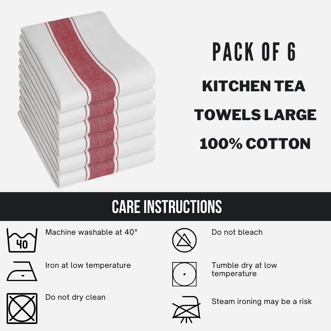 Pack of 6 Cotton Herringbone Kitchen Tea Towels, 70 x 50cm