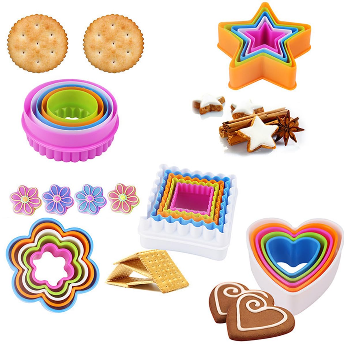 Set of 25 Plastic Cookie Cutters, Circle, Heart, Star, Square & Flower