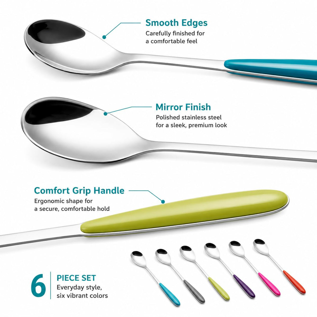 Set of 6 Long Handle Sundae Spoons, 18.2cm Assorted