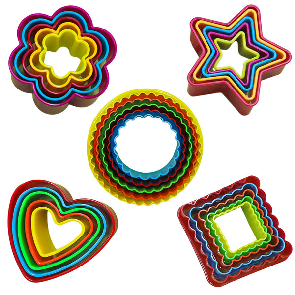 Set of 25 Plastic Cookie Cutters, Circle, Heart, Star, Square & Flower